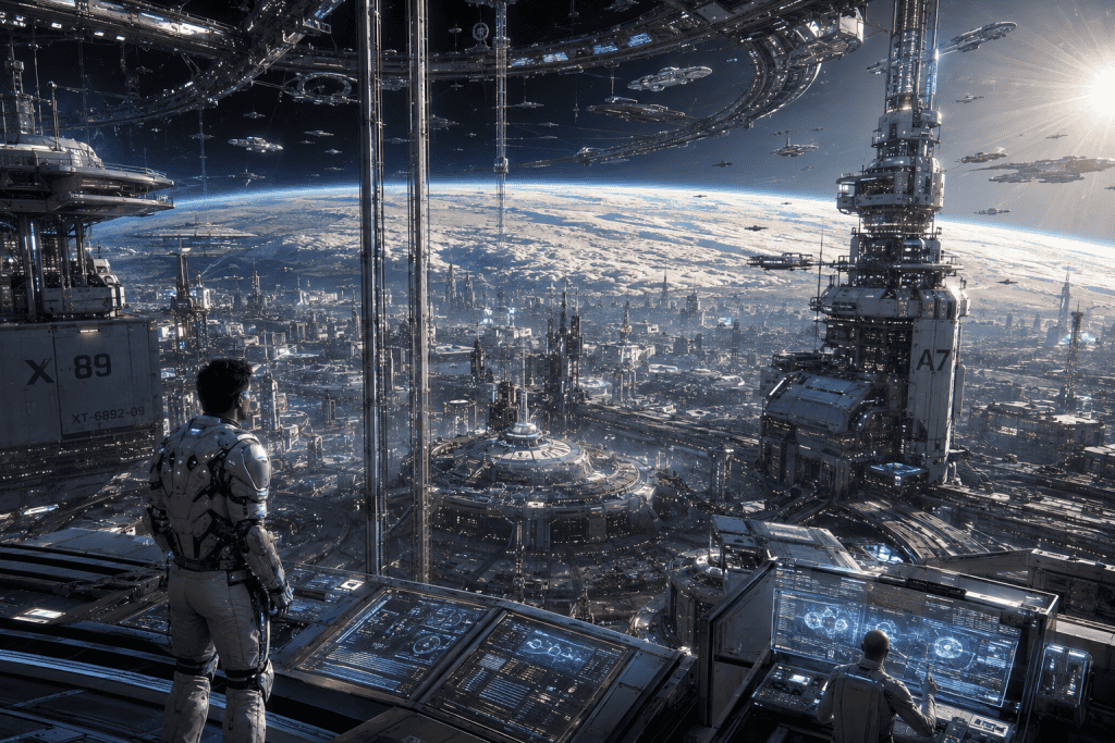 Digital concept art illustrating Earth before the year 3000 with elevated sea levels and engineered planetary biomes.