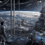 Digital concept art illustrating Earth before the year 3000 with elevated sea levels and engineered planetary biomes.