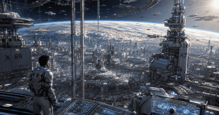 Digital concept art illustrating Earth before the year 3000 with elevated sea levels and engineered planetary biomes.